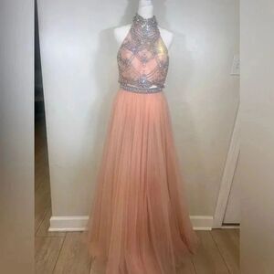 NWT $698 SHERRI HILL Two Piece Size 4 #62809 Beaded Tulle Maxi Dress Gown